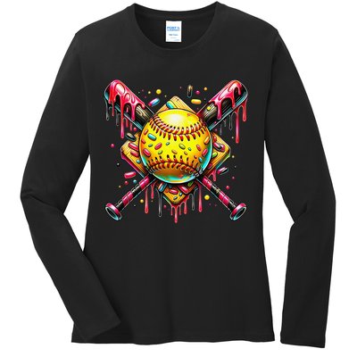 Softball Bat Ice Cream Dripping Baseball Home Plate Drip Ladies Long Sleeve Shirt
