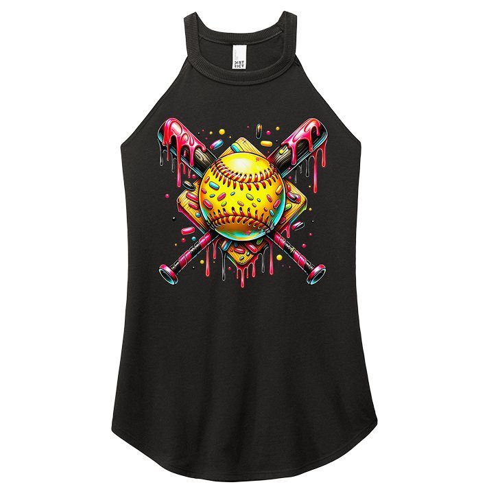 Softball Bat Ice Cream Dripping Baseball Home Plate Drip Women's Perfect Tri Rocker Tank