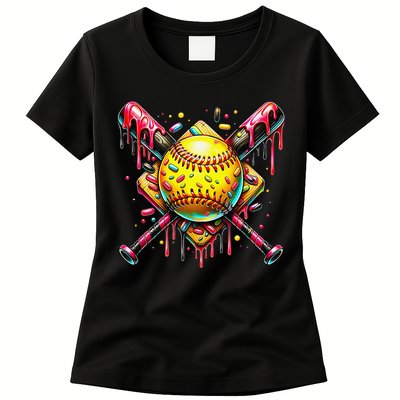 Softball Bat Ice Cream Dripping Baseball Home Plate Drip Womens T-Shirt