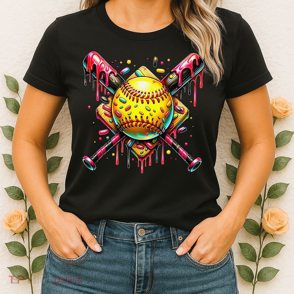 Softball Bat Ice Cream Dripping Baseball Home Plate Drip Womens T-Shirt