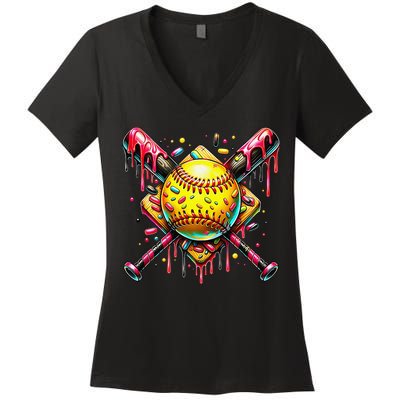 Softball Bat Ice Cream Dripping Baseball Home Plate Drip Women's V-Neck T-Shirt