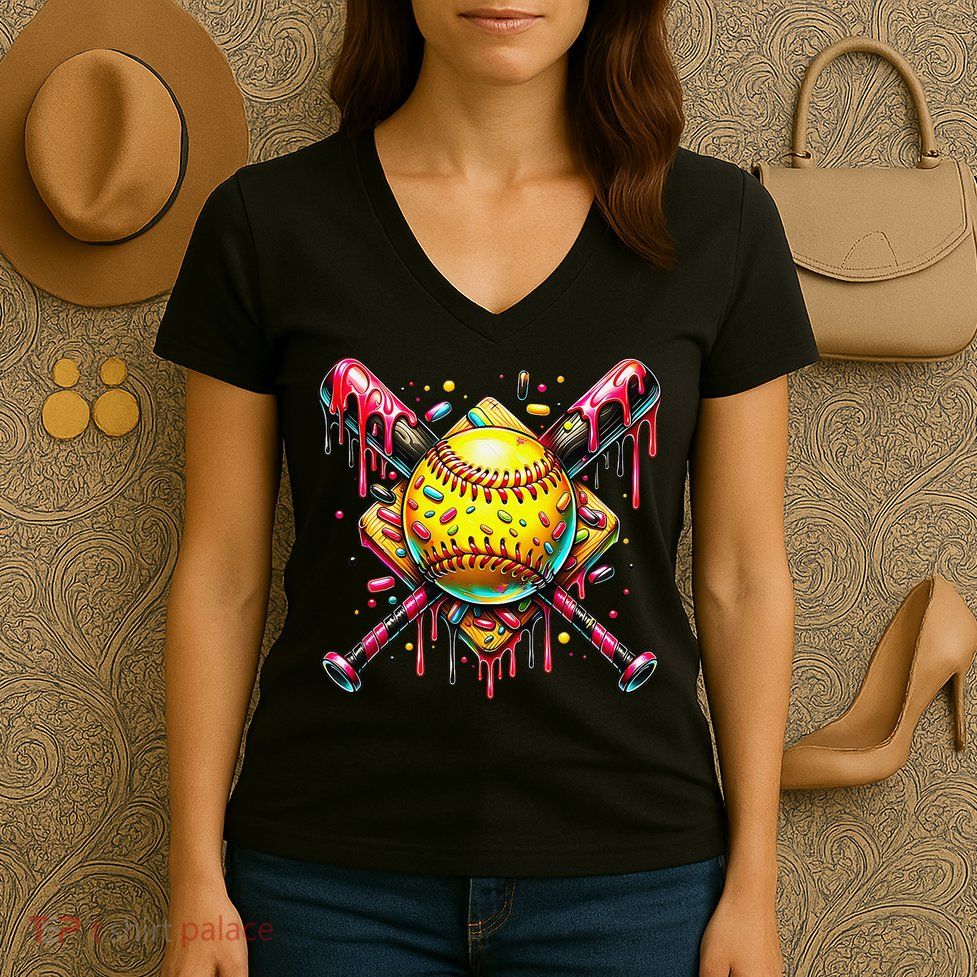 Softball Bat Ice Cream Dripping Baseball Home Plate Drip Women's V-Neck T-Shirt