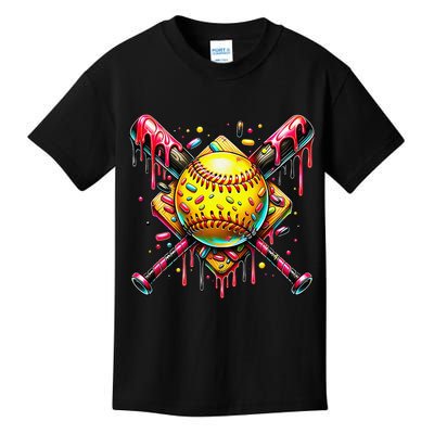 Softball Bat Ice Cream Dripping Baseball Home Plate Drip Kids T-Shirt