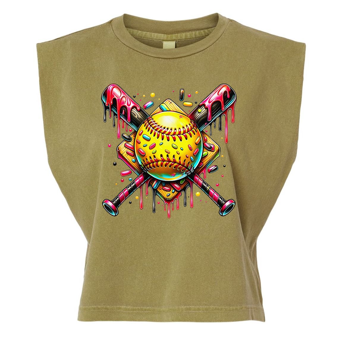 Softball Bat Ice Cream Dripping Baseball Home Plate Drip Garment-Dyed Women's Muscle Tee