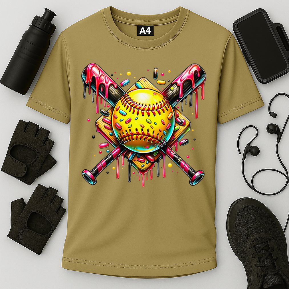 Softball Bat Ice Cream Dripping Baseball Home Plate Drip Cooling Performance Crew T-Shirt