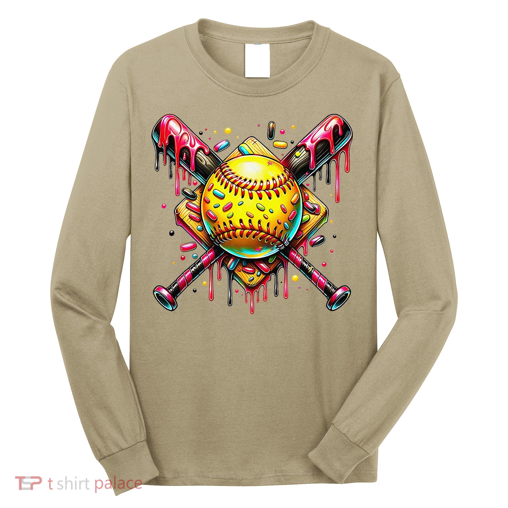 Softball Bat Ice Cream Dripping Baseball Home Plate Drip Long Sleeve Shirt