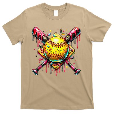 Softball Bat Ice Cream Dripping Baseball Home Plate Drip T-Shirt