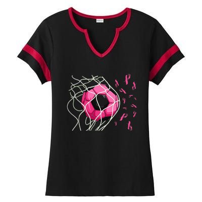 Soccer Ball In Goal Ribbons Breast Cancer Ladies Halftime Notch Neck Tee