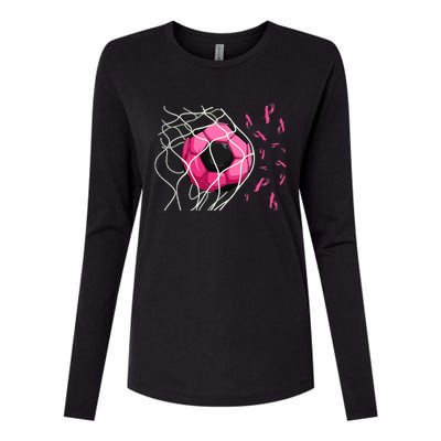 Soccer Ball In Goal Ribbons Breast Cancer Womens Cotton Relaxed Long Sleeve T-Shirt