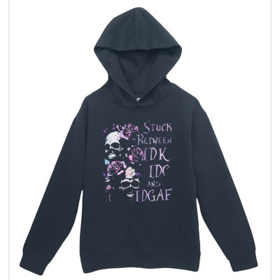 Stuck Between Idk Idc And Idgaf Funny Skull Roses Urban Pullover Hoodie