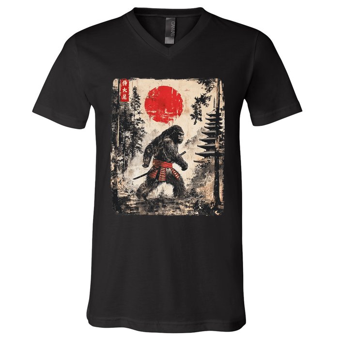 Samurai Bigfoot Japanese Vintage Graphic Ukiyo E Art V-Neck T-Shirt