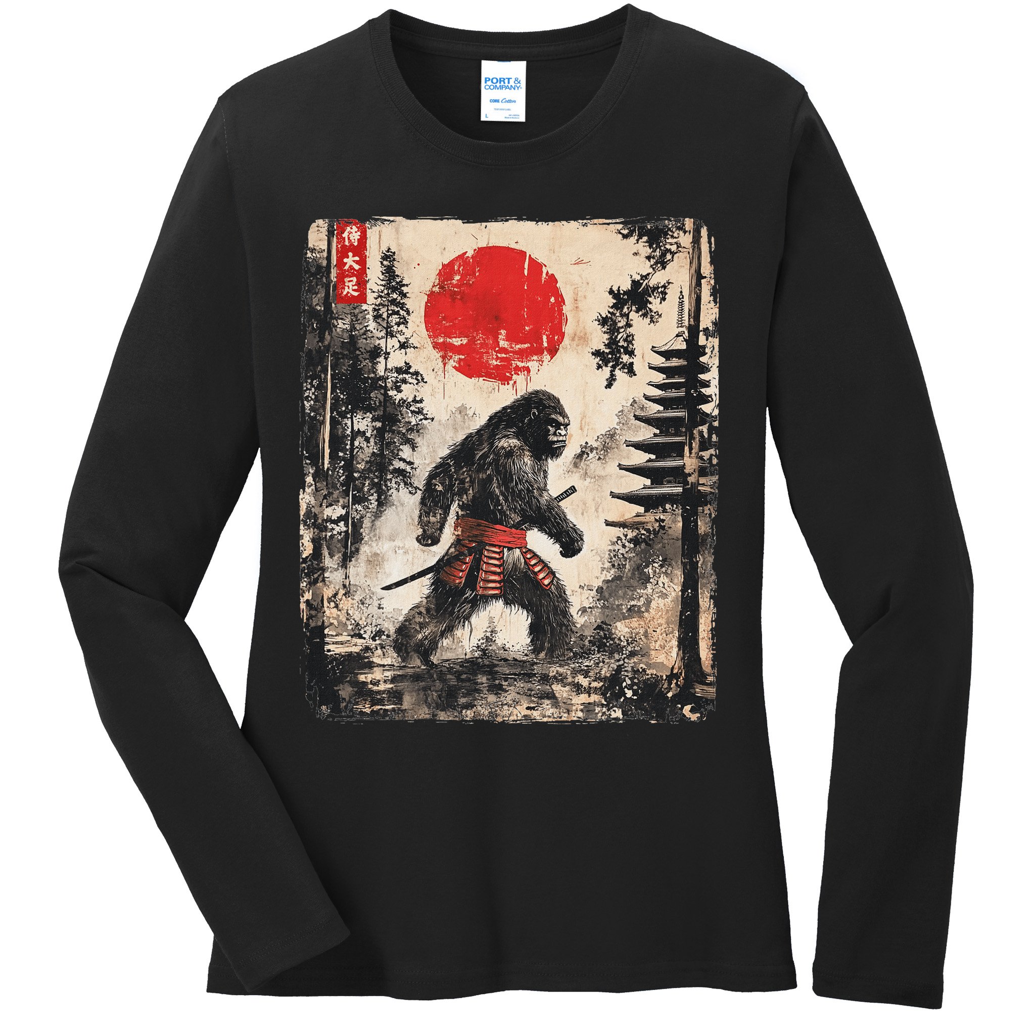 Samurai Bigfoot Japanese Vintage Graphic Ukiyo E Art Ladies Long Sleeve Shirt