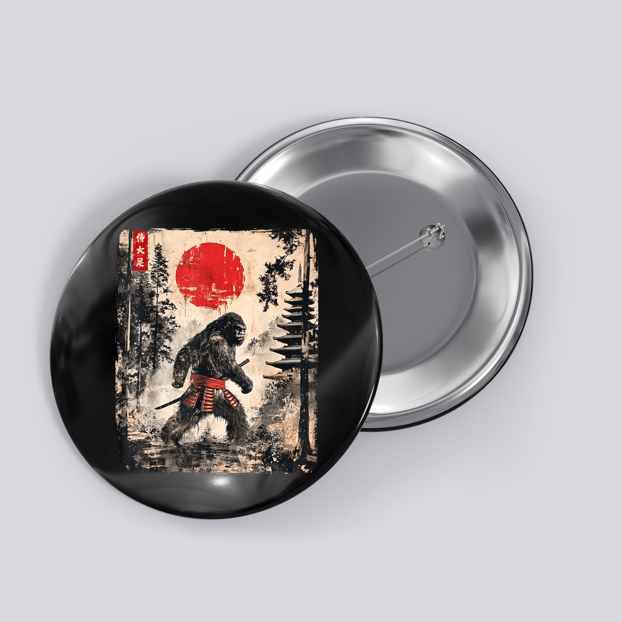 Samurai Bigfoot Japanese Vintage Graphic Ukiyoe Art Funny Button