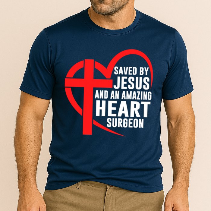 Saved By Jesus And An Amazing Heart Surgeon Christian Faith Cooling Performance Crew T-Shirt