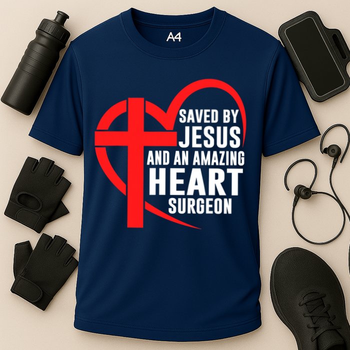 Saved By Jesus And An Amazing Heart Surgeon Christian Faith Cooling Performance Crew T-Shirt