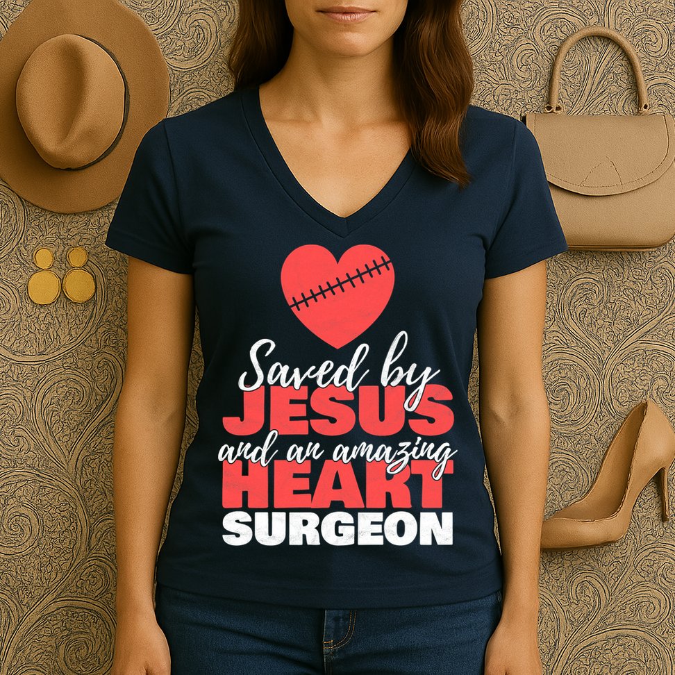 Saved By Jesus Heart Surgeon Surgery Survivor Women's V-Neck T-Shirt