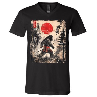 Samurai Bigfoot Japanese Vintage Graphic V-Neck T-Shirt