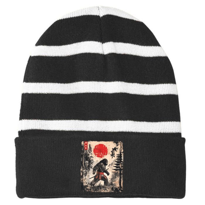 Samurai Bigfoot Japanese Vintage Graphic Striped Beanie with Solid Band