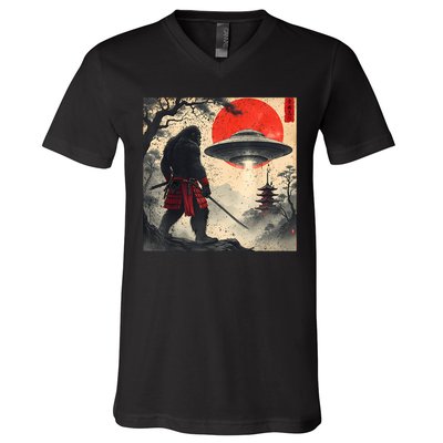 Samurai Bigfoot Japanese Ufo Vintage Illustration  V-Neck T-Shirt