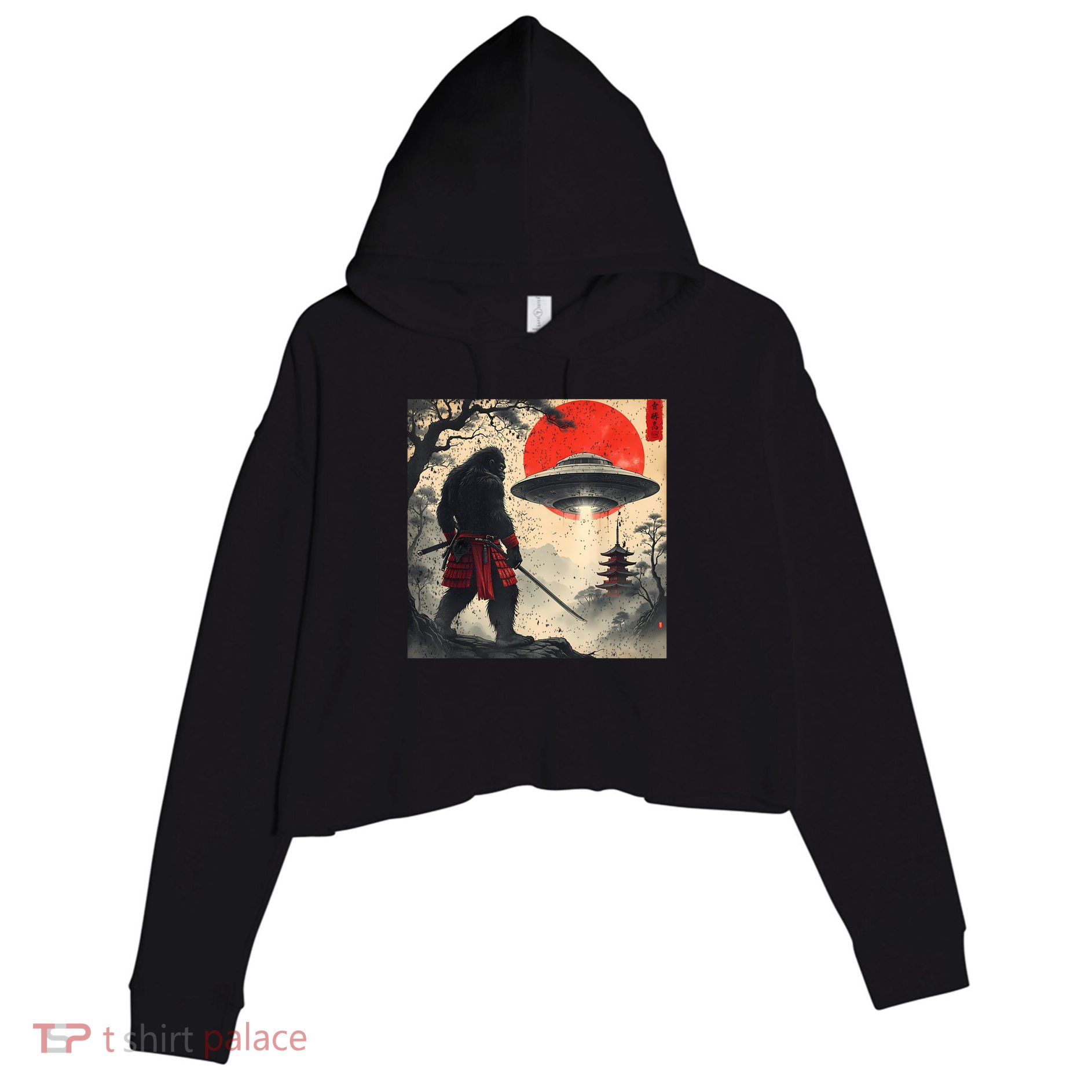 Samurai Bigfoot Japanese Ufo Vintage Illustration  Crop Fleece Hoodie