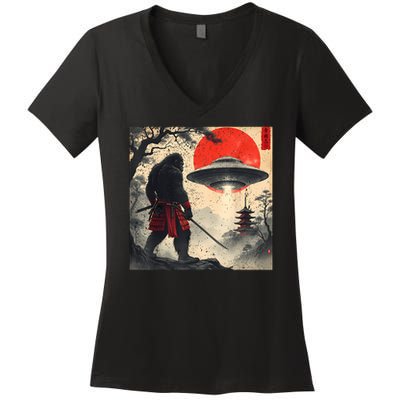 Samurai Bigfoot Japanese Ufo Vintage Illustration  Women's V-Neck T-Shirt