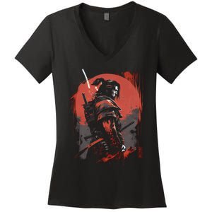 Samurai Bushido Japan Warrior Japanese Retro Graphic Art Women's V-Neck T-Shirt