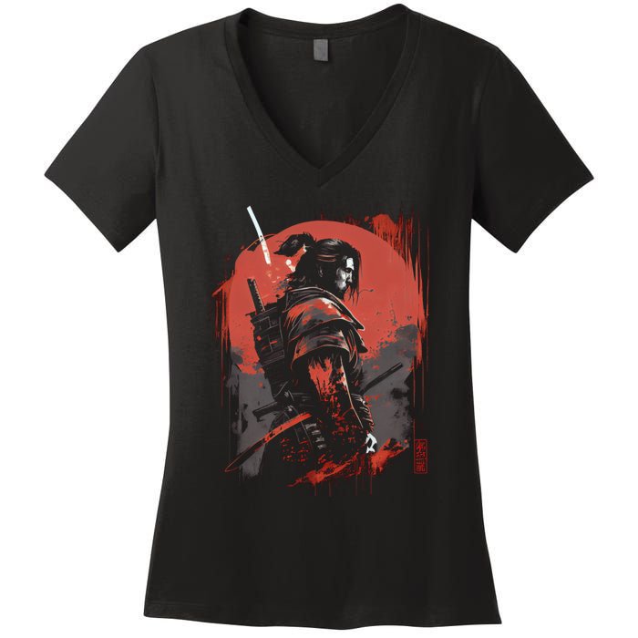 Samurai Bushido Japan Warrior Japanese Retro Graphic Art Women's V-Neck T-Shirt