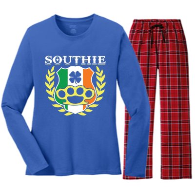 Southie Brass Knuckle Irish Flag St Patricks Day Cool Pun Gift Women's Long Sleeve Flannel Pajama Set 