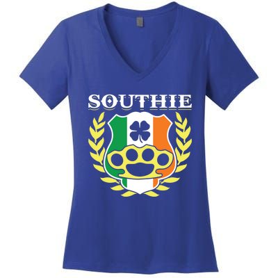 Southie Brass Knuckle Irish Flag St Patricks Day Cool Pun Gift Women's V-Neck T-Shirt