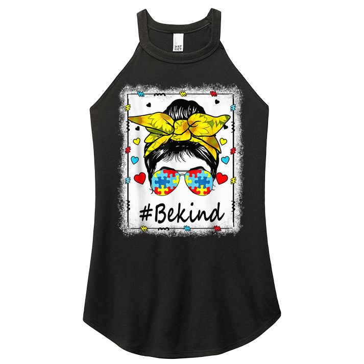 Sunflower Be kind girl Shirt - Autism Awareness Messy Bun Women's Perfect Tri Rocker Tank