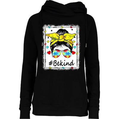 Sunflower Be Kind Autism Awareness Messy Bun Womens Funnel Neck Pullover Hood