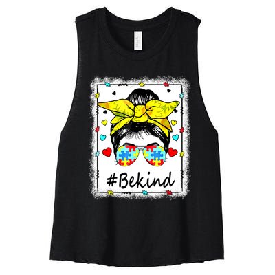 Sunflower Be Kind Autism Awareness Messy Bun Women's Racerback Cropped Tank