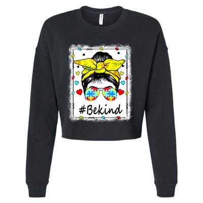 Sunflower Be Kind Autism Awareness Messy Bun Cropped Pullover Crew