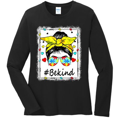 Sunflower Be Kind Autism Awareness Messy Bun Ladies Long Sleeve Shirt