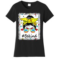 Sunflower Be Kind Autism Awareness Messy Bun Women's T-Shirt