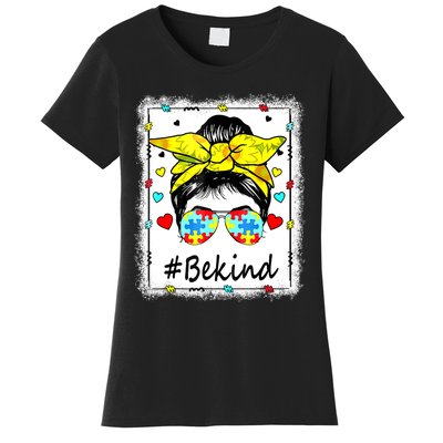 Sunflower Be Kind Autism Awareness Messy Bun Women's T-Shirt