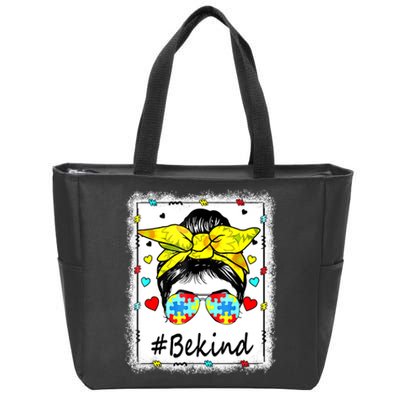 Sunflower Be Kind Autism Awareness Messy Bun Zip Tote Bag