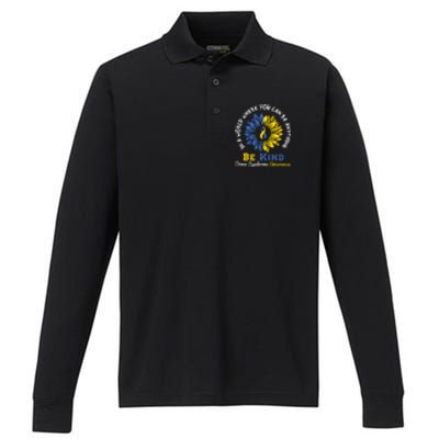 Sunflower Be Kind Down Syndrome Awareness Gift Performance Long Sleeve Polo