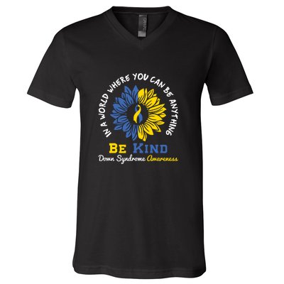 Sunflower Be Kind Down Syndrome Awareness Gift V-Neck T-Shirt