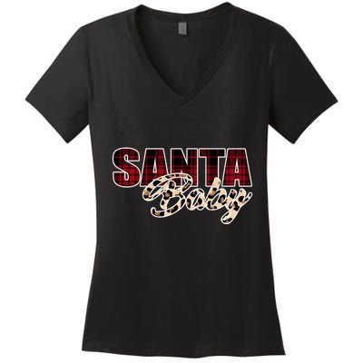 Santa Baby Leopard Christmas Pattern Logo Women's V-Neck T-Shirt