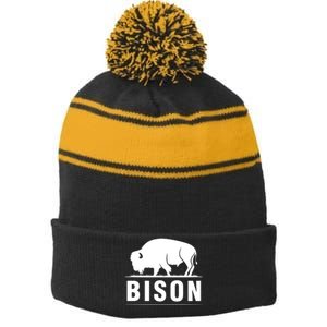 Simple Bison Logo Stripe Pom Pom Beanie