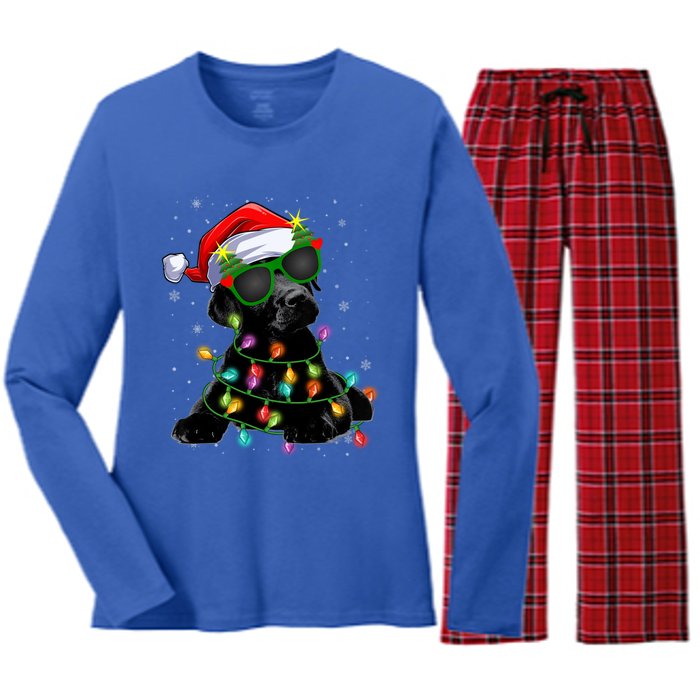 Santa Black Labrador Retriever Christmas Tree Light Dog Xmas Gift Women's Long Sleeve Flannel Pajama Set 