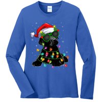 Santa Black Labrador Retriever Christmas Tree Light Dog Xmas Gift Ladies Long Sleeve Shirt