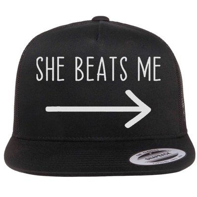 She Beats Me Funny For Him Flat Bill Trucker Hat