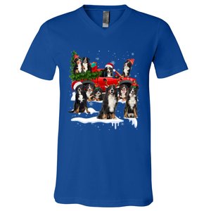 Santa Bernese Mountain Dog Red Truck Christmas Tree Pajamas Gift V-Neck T-Shirt