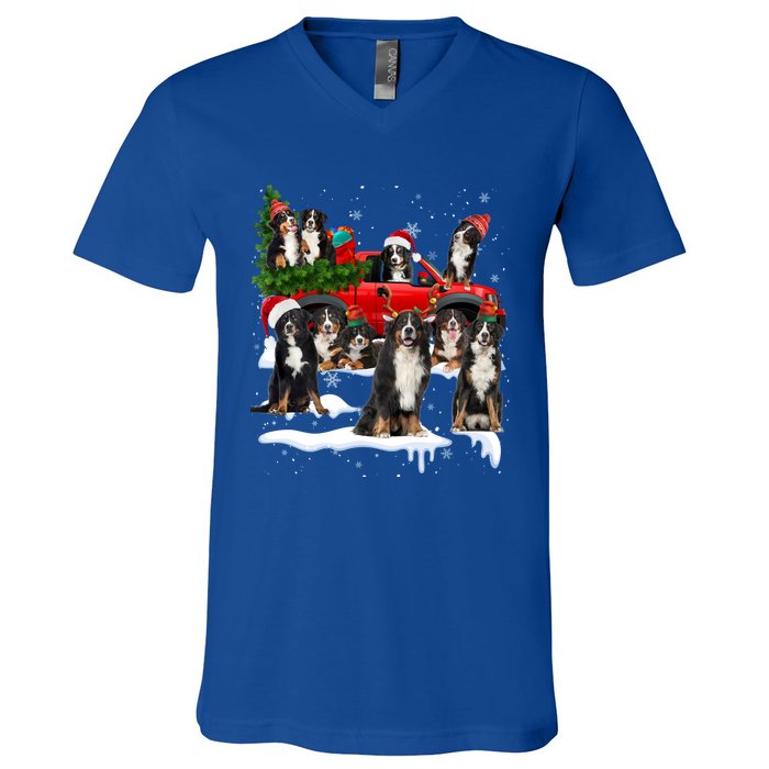 Santa Bernese Mountain Dog Red Truck Christmas Tree Pajamas Gift V-Neck T-Shirt