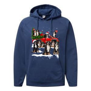 Santa Bernese Mountain Dog Red Truck Christmas Tree Pajamas Gift Performance Fleece Hoodie