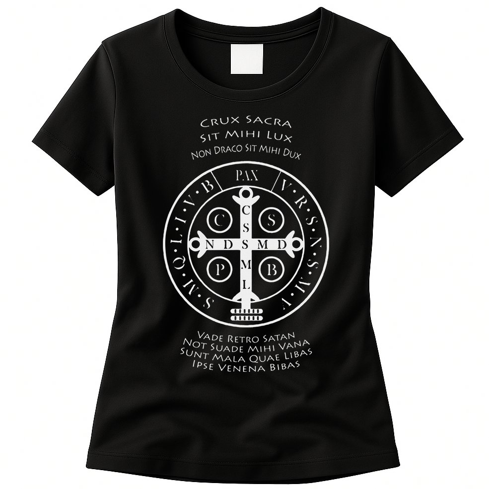 Saint Benedict Medal With Latin Prayer Religious Christian Womens T-Shirt