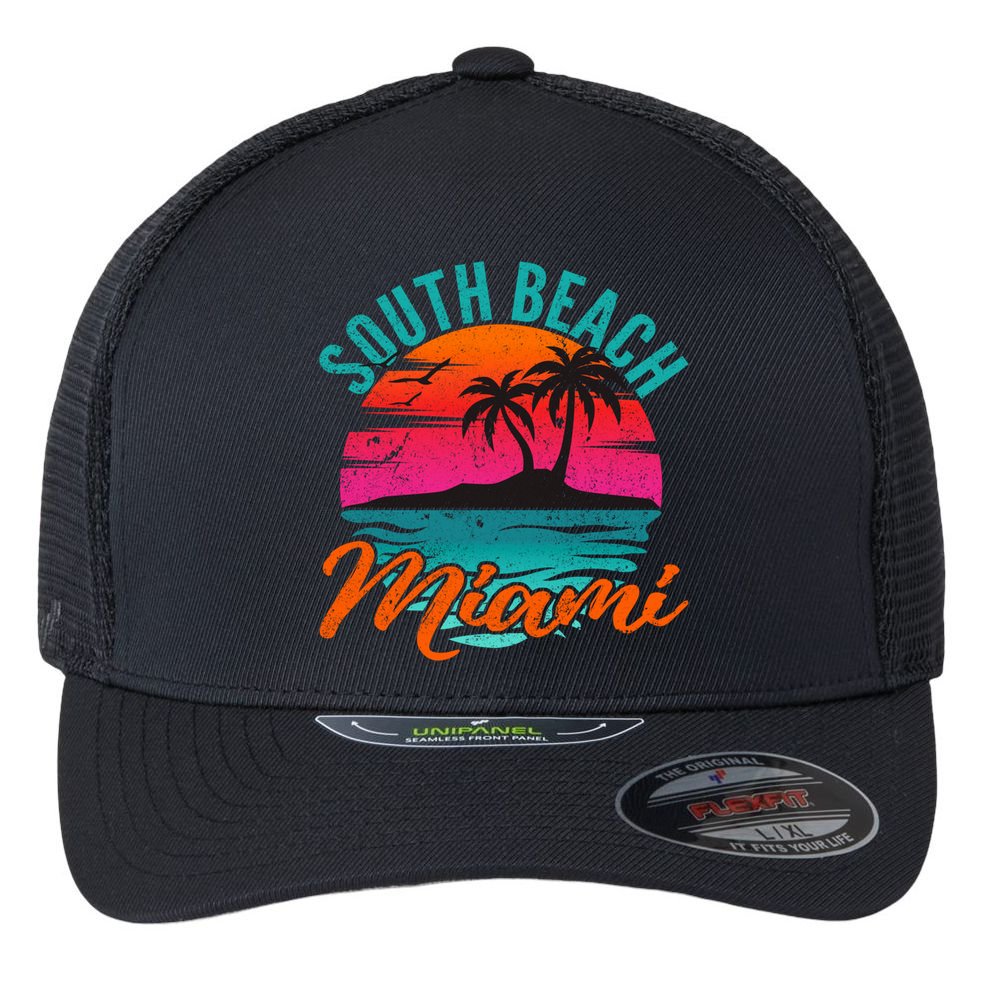 South Beach Miami Florida Sunset Vacation Distressed Grunge Cool Gift Flexfit Unipanel Trucker Cap