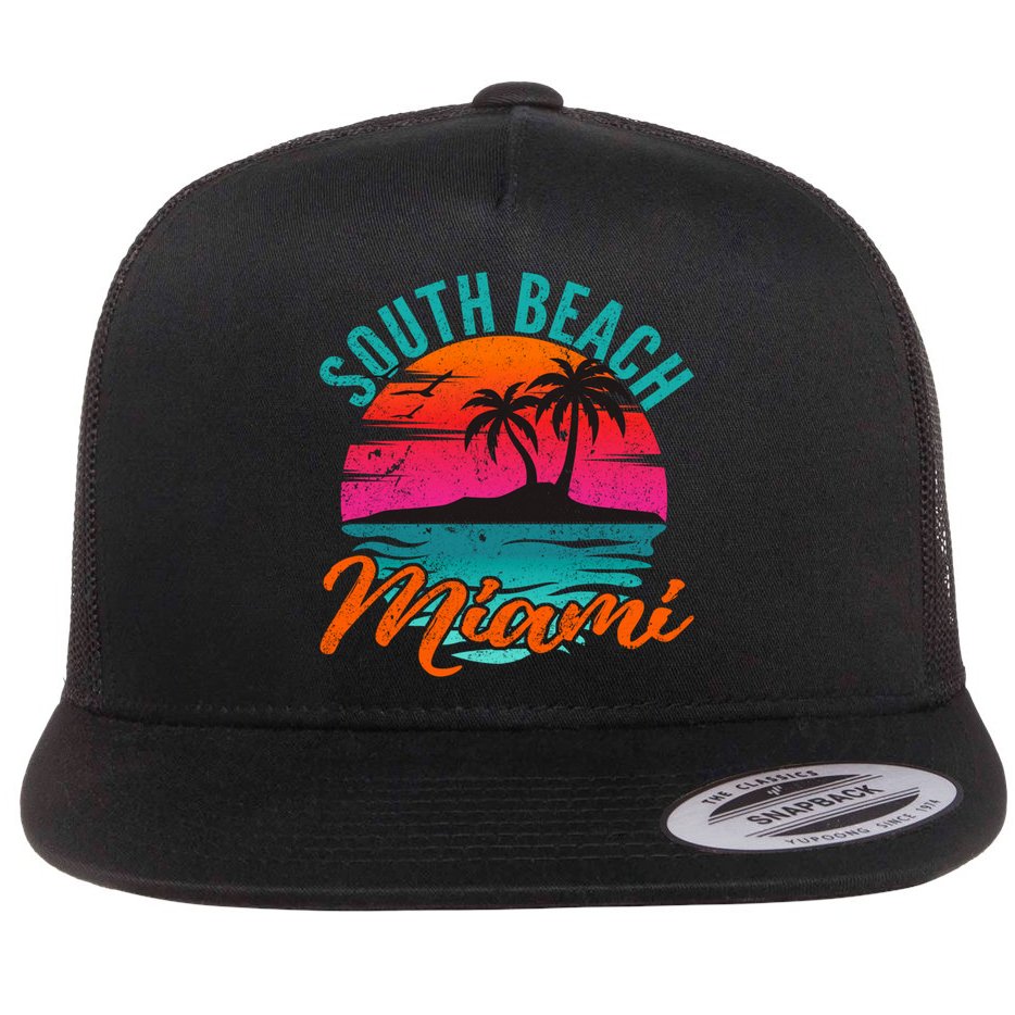 South Beach Miami Florida Sunset Vacation Distressed Grunge Cool Gift Flat Bill Trucker Hat
